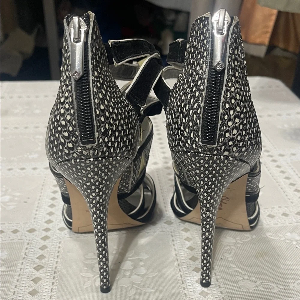 Sam Edelman Jazz Open-toe Cutout Black Suede & White/Tan Zip-up Heels 8.5